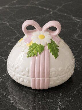 VTG Handmade Ceramic Floral Trinket Box Cottagecore Shabby Chic Pink Bow by Dana